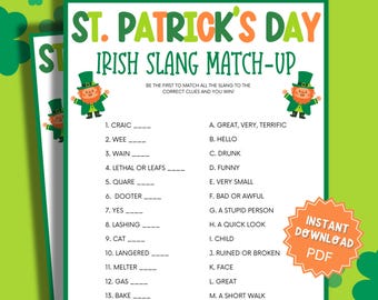 St Patricks Day Irish Slang Match Trivia Game, St Patricks Games, St Patricks Game, Family Party Game, Trivia Games, Trivia Printable