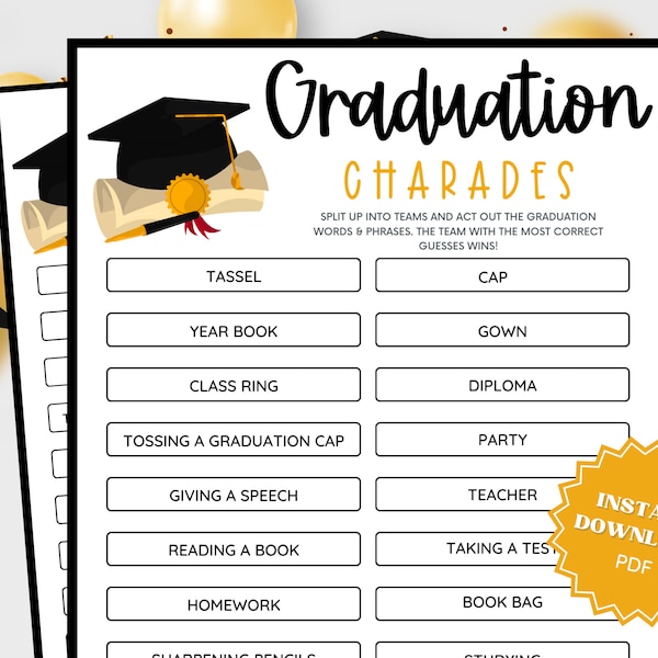 Charades Graduation Party Game Printable, Graduation Games, Grad Party Games, Charades For Kids, Charades For Adults, Group Party Games