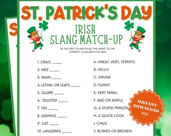 St Patricks Day Irish Slang Match Trivia Game, St Patricks Games, St Patricks Game, Family Party Game, Trivia Games, Trivia Printable