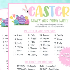 What&#39;s Your Bunny Name Printable Easter Game, Printable Easter Games, Easter Game For Kids, Group Games, Family Party Game