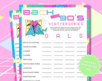 Scattergories 90s Theme Bachelorette Party Printable Game, Word Games, 90s Bachelorette, 90s Theme Party, Bach To The 90s, 90s Party Theme