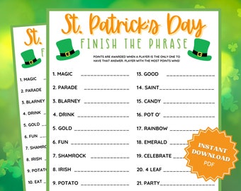 St Patricks Day Finish The Phrase Game, St Patricks Games, St Patricks Game, Family Party Game, Family Game Night, Finish My Phrase