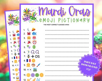 Mardi Gras Emoji Pictionary Game, Mardi Gras Party, Mardi Gras Printable, Family Party Game, Emoji Game, Emoji Pictionary, Pictionary Game