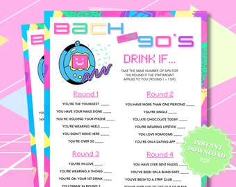 Drink If 90s Theme Bachelorette Party Game Printable, 90s Bachelorette, 90s Theme Party, Bach To The 90s, Drinking Games, Adult Party Games