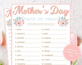 Finish The Phrase Printable Mother's Day Game, Finish My Phrase, Mothers Day Games, Mothers Day Activity, Mothers Day Party, Group Games