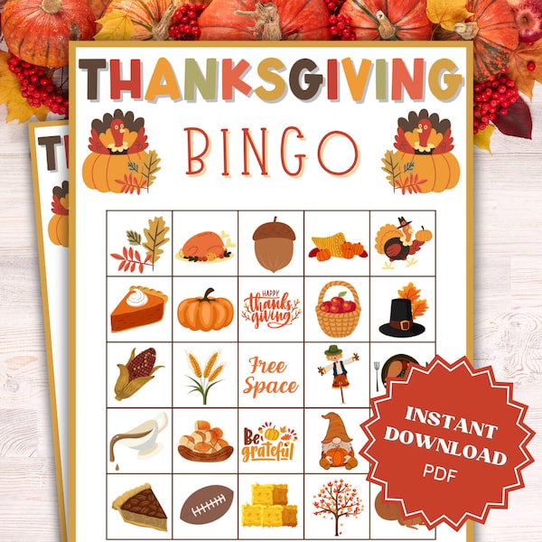 Thanksgiving Bingo Game Cards for Kids, Thanksgiving Game Printable, Fall Bingo, Printable Bingo Game, Thanksgiving Bingo Games