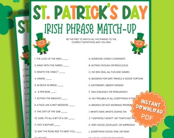 St Patricks Day Irish Phrase Match Trivia Game, St Patricks Games, St Patricks Game, Family Party Game, Trivia Games, Trivia Printable