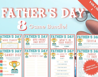 Printable Father's Day Games 8 Game Bundle Vol. 1, Trivia Games, Candy Dice Game, All About My Dad, Kids Word Search, Purse Game