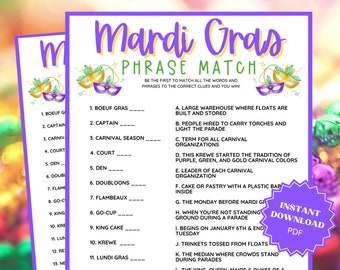 Mardi Gras Phrase Match Trivia Game, Mardi Gras Party, Mardi Gras Printable, fat Tuesday, Family Party Game, Trivia Games, Trivia Printable