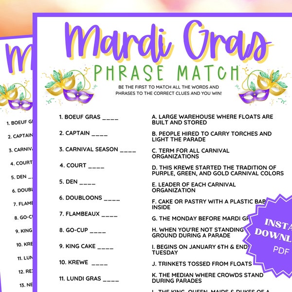 Mardi Gras Phrase Match Trivia Game, Mardi Gras Party, Mardi Gras Printable, fat Tuesday, Family Party Game, Trivia Games, Trivia Printable