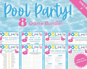 Printable Pool Party 8 Game Bundle Vol. 2, Word Scramble, Scattergories, Trivia Games, Whats On Your Phone, This or That, Most Likely To