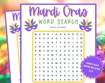 Mardi Gras Word Search Game, Mardi Gras Party, Mardi Gras Printable, Word Games, Word Search, Kids Word Search