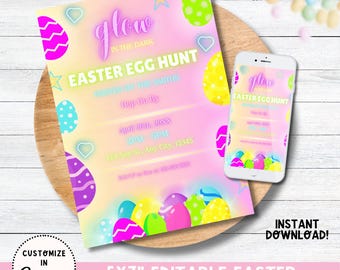 Glow in the Dark Egg Hunt Invitation Template |  Digital Printable Neon Easter Party Invite