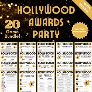 May include: A set of 20 printable Hollywood Awards party game cards. The cards feature a gold star design and include games like trivia, word search, word scramble, winner match-up, scattergories, pictionary, A-Z, movie star, most likely to, finish the phrase, emoji pictionary, drunk dice, drink if, charades, and candy dice.