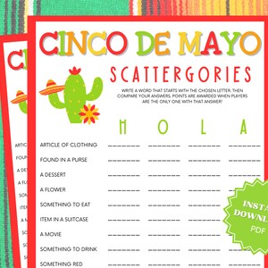 Scattergories Printable Cinco De Mayo Game, Word Games, Cinco De Mayo Party, Cinco De Mayo Activity, Cinco De Mayo Games, Cinco De Mayo