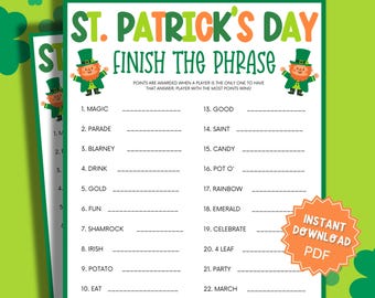 St Patricks Day Finish The Phrase Game, St Patricks Games, St Patricks Game, Family Party Game, Family Game Night, Finish My Phrase