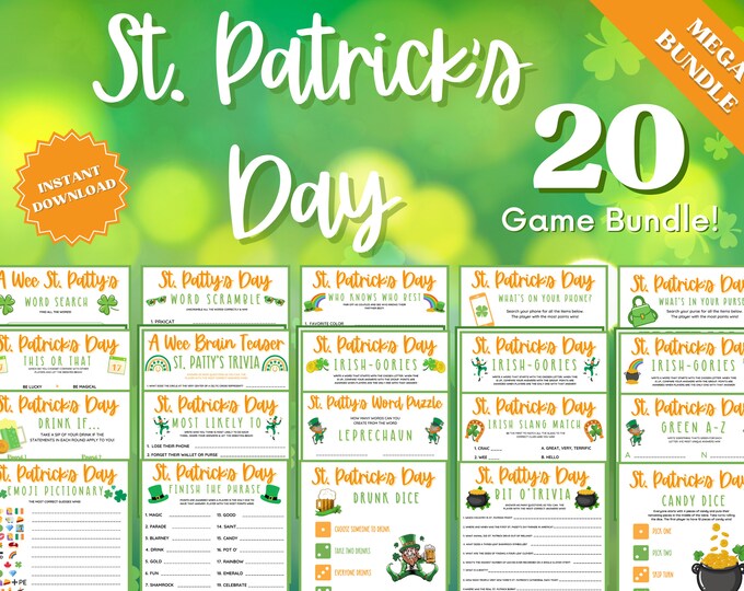 Featured listing image: St Patricks Day 20 Game Bundle, St Patricks Games, St Patricks Day Game, St Patricks Game, Adult Drinking Games, Trivia Games, Group Games
