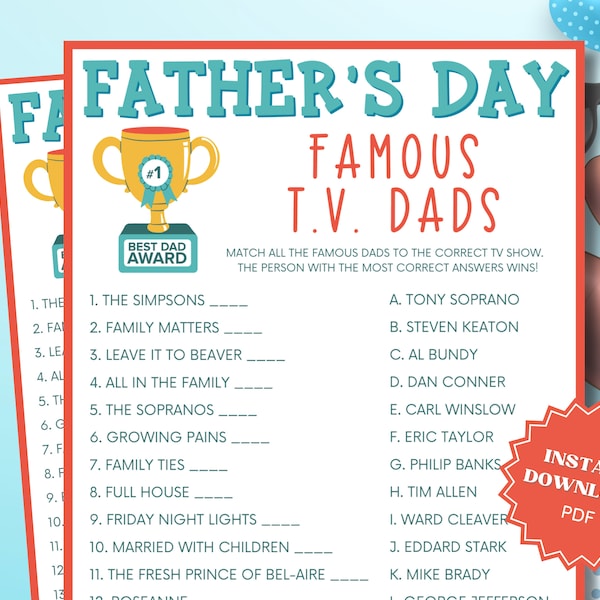 Famous T.V. Dads Trivia Printable Fathers Day Game, Group Games, Trivia Games, Fathers Day Activity, Fathers Day Party, Fathers Day Games