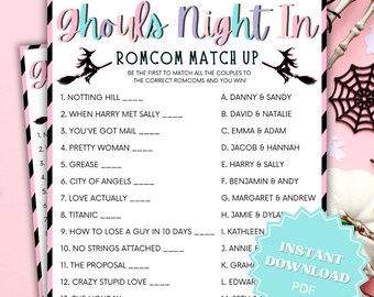 Ghouls Night In Romcom Match Up Trivia Printable Game, Ghouls Night Out, Moms Night Games, Ladies Night Games, Girls Night Games