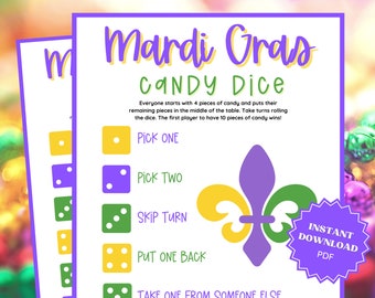 Mardi Gras Candy Dice Game, Mardi Gras Party, Mardi Gras Printable, Classroom Games, Family Party Game, Family Game Night, Dice Game