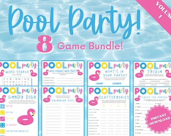 Printable Pool Party Games 8 Game Bundle Vol. 1, Trivia Games, Candy Dice Game, Drunk Dice, Kids Word Search, Purse Game, Pool Party Ideas