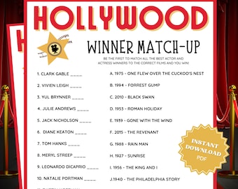 Oscars Party Winner Match Up Game, Academy Awards, Academy Award Party, Oscar Party, Oscars Party Games, Trivia Games, Trivia Printable