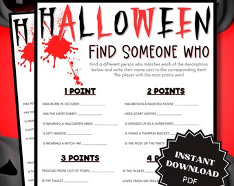 Find Someone Who Halloween Game Printable, Halloween Games, Halloween Games for Kids, Find Someone Who Bingo, Halloween Printable Games