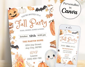 Fall Party Invitation Template | Editable Autumn Invite Digital Download | Halloween, Harvest & Friendsgiving Flyer