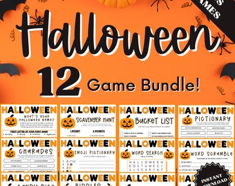 12 Halloween Games Bundle, Kids Party Games, Candy Dice, Bucket List Printable, Emoji Pictionary, Find Someone Who, Halloween Games Bundle