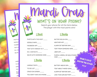 What's On Your Phone Mardi Gras Game, Mardi Gras Party, Mardi Gras Printable Adult Party Games, Family Party Games, Whats In Your Phone