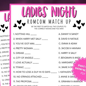 Ladies Night RomCom Match Trivia Game, Ladies Night Out, Girls Night Out, Ladies Night Game, Girls Weekend, Party Trivia, Trivia Printable