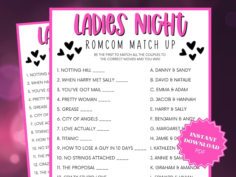 Ladies Night Romcom Match Trivia Game Ladies Night Out Girls - Etsy