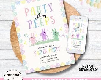 Party With My Peeps Editable Easter Egg Hunt Invitation Template, Easter Brunch Invitation, Easter Instant Download Invitation
