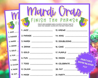 Mardi Gras Finish The Phrase Game, Mardi Gras Party, Mardi Gras Printable, Family Party Game, Family Game Night, Finish My Phrase