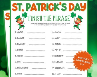 St Patricks Day Finish The Phrase Game, St Patricks Games, St Patricks Game, Family Party Game, Family Game Night, Finish My Phrase