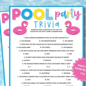 Trivia Pool Party Printable Game, Trivia Games, Pool Party Games, Pool Party Games For Adults,  Pool Party Ideas,  Pool Party Activity