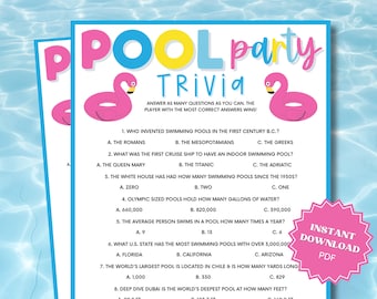Trivia Pool Party Printable Game, Trivia Games, Pool Party Games, Pool Party Games For Adults,  Pool Party Ideas,  Pool Party Activity