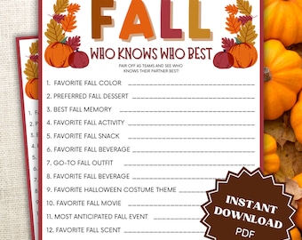 Who Knows Who Best Fall Game Printable, Fall Games For Teens, Fall Games For Adults, Fall Game Printables, Fall Games For Office, Fall Games