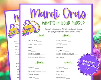 What's In Your Purse Mardi Gras Game, Mardi Gras Party, Mardi Gras Printable, Fat Tuesday, Adult Party Games, Family Party Games, Purse Game