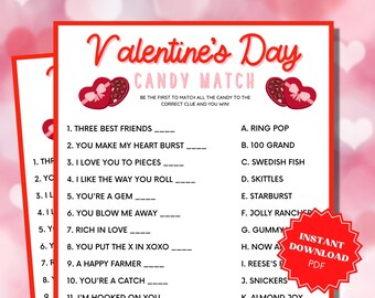 Valentine's Day Candy Match, Matching Games, Word Games, Valentines Game, Girls Night Games, Valentine Party Game, Valentines Day Game