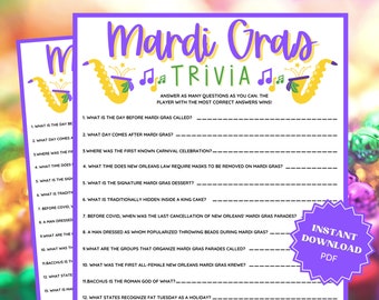 Mardi Gras Trivia Game, Mardi Gras Party, Mardi Gras Printable, Fat Tuesday, Trivia Games, Trivia Game, Trivia Printable, Virtual Games