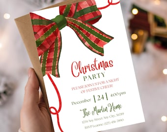 Watercolor Plaid Bow Christmas Party Invitation | Editable Canva Template | Holiday Gathering Invite | Instant Download
