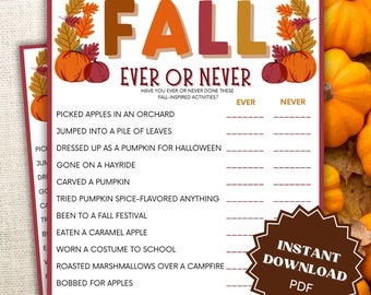 Ever Or Never Game Fall Printable, Fall Games For Kids, Fall Games For Teens, Fall Games For Adults, Fall Game Printables, Never Have I Ever