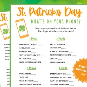What&#39;s On Your Phone St Patricks Day Game, St Patricks Games, St Patricks Game, Adult Party Games, Family Party Games, Whats In Your Phone
