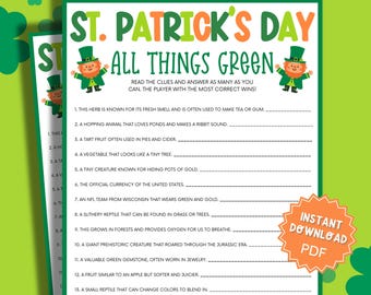 St Patricks Day All Things Green Trivia Game, St Patricks Games, St Patricks Game, Family Party Game, Trivia Games, Trivia Printable