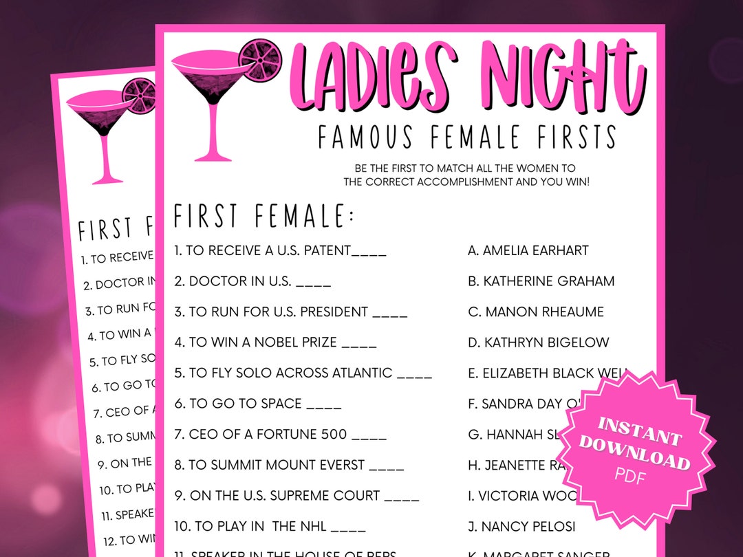 Ladies Night Famous Female Firsts Trivia Game, Ladies Night Out, Ladies ...