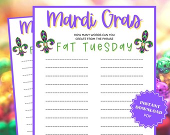 Mardi Gras Fat Tuesday Word Game, Mardi Gras Party, Mardi Gras Printable, Word Games, Family Party Game, Family Game Night, Classroom Games