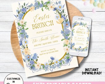 Easter Brunch Invitation Editable Template, Easter Party Invitation, Easter Invitation Blue, Easter Egg Hunt Instant Download Invitation