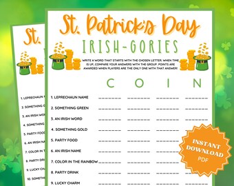 St. Patricks Day Scattergories Game, St Patricks Games, St Patricks Game, Scattergories, Word Games, Family Party Game, Classroom Games