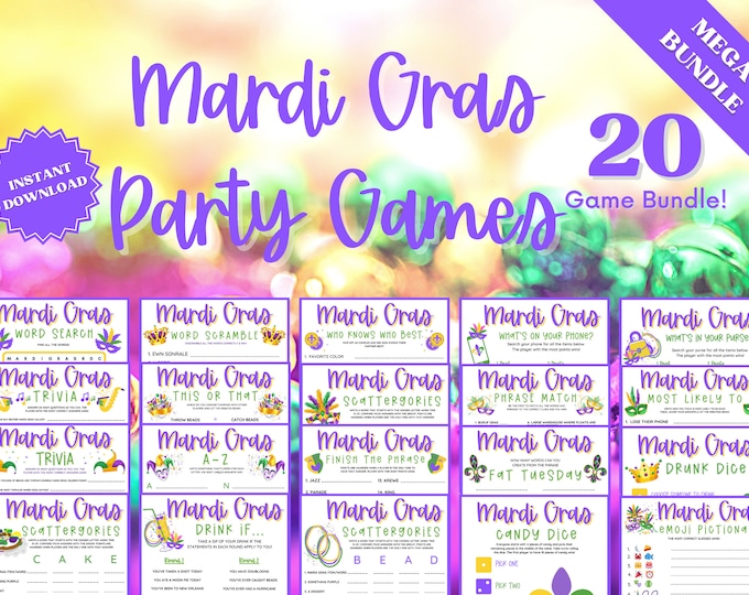 Featured listing image: Mardi Gras Party 20 Game Bundle , Mardi Gras Party, Mardi Gras Printable, Fat Tuesday, Trivia Games, Trivia Game, Trivia Printable
